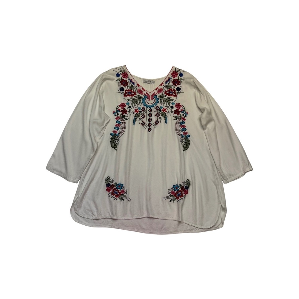 White Floral Embroidered V-Neck Bohemian Festival Folk Peasant Blouse Size 2X